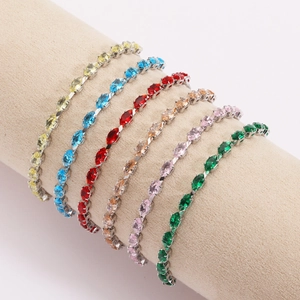 Detailed display of adjustable marquise-cut tennis bracelets in six vibrant zircon colors