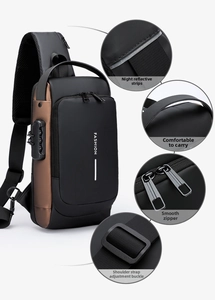 Waterproof anti-theft chest bag with USB port, combo lock and reflective safety strips