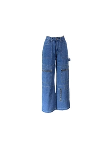 High-waisted wide-leg cargo jeans in blue denim featuring multiple functional zipper pockets