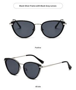 Front and 45-degree side views of black and silver cat-eye sunglasses with dark grey lenses