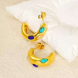 Golden C-shaped stainless steel hoop earrings inlaid with turquoise and lapis lazuli stones