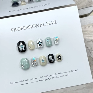 Faux Ongles À Coller Faits Main Motif Étoile Style Y2K Avec Strass Rose Bleu Couleurs Contrastées Ongles Carrés Pour Femmes