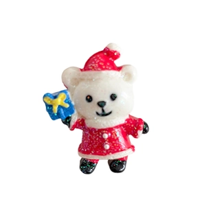 Resin Christmas white bear figurine with red hat and blue gift box and glitter detail