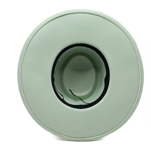 Overhead view of mint green wool fedora with 9.5cm brim and interior sweatband
