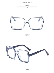 Detail view of square blue anti-blue light glasses with two-tone frame design