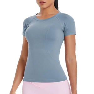 T-shirt sportiva slim blu grigio da donna con tessuto mesh traspirante per yoga e corsa