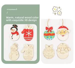 Detailed view of DIY Christmas wooden ornaments with snowman and Santa shapes