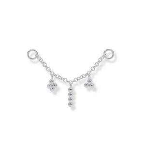 Macro detail of S925 sterling silver connector chain with triple metal bead pendants