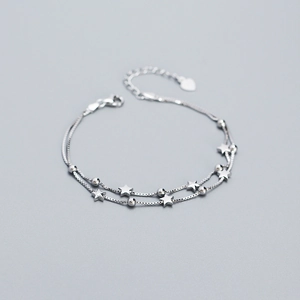 925 Sterling Silver Double Layer Star Bracelet For Women Sweet Minimalist Round Bead Adjustable Hand Jewelry Gift