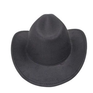 Detailed view of black wool felt cowboy hat with wide brim and dented crown design