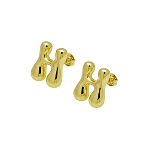 Polished gold bubble letter H stud earrings with secure backings on white background