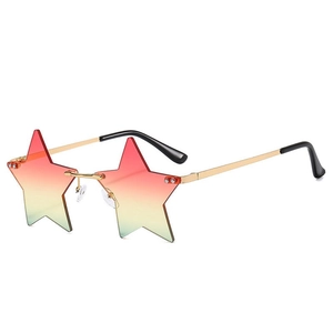 Detail of star-shaped rimless sunglasses with red-yellow gradient lenses and gold metal frame