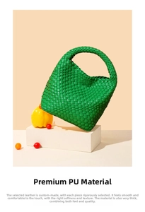 Close-up of bright green hand-woven PU leather bag with intricate Intrecciato craft