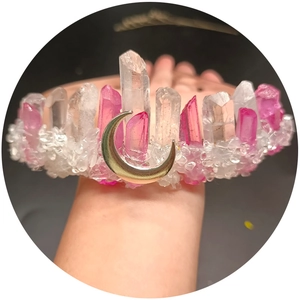 Handmade natural white and pink quartz crystal crown with silver crescent moon pendant