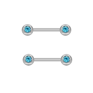 Detailed view of silver nipple barbells with sky blue crystal gems on a white background