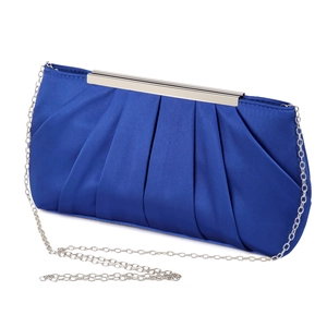 Detail of blue pleated satin evening clutch bag with silver chain and metal top frame