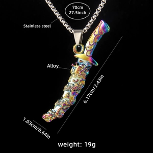 Rainbow dragon sword pendant necklace with stainless steel chain for men and hip hop style