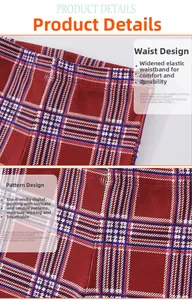Detail of red checkered kids leggings showing elastic wide waistband and digital print