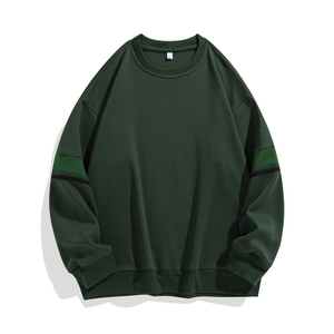 Men's loose dark green crewneck sweatshirt with contrast patchwork striped sleeves