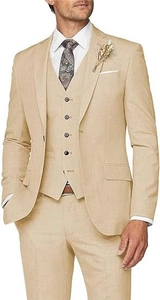 Detail of khaki slim fit three-piece suit featuring textured fabric and lapel pin