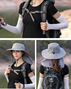 Details zum grauen Sonnenhut mit Nackenschutz und weißen kühlenden Armstulpen Set