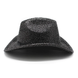 Front view of black sequin cowboy hat for women featuring sparkling fabric texture