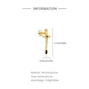 Detailed specs of gold 925 silver sword earring with black zircon and S925 hallmark