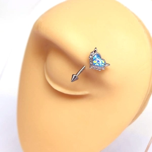 Silver devil heart eyebrow ring with blue fire opal displayed on an ear model