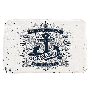 Minimalist nautical absorbent mat featuring blue anchor and compass motifs on white background