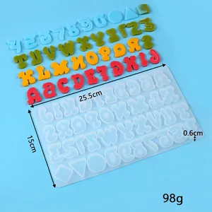 Detailed view of translucent silicone mold for 26 letters and numbers with dimensions