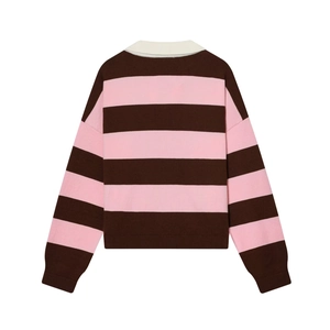 Detailed back view of a pink and brown striped knit polo shirt with white collar and ribbed cuffs