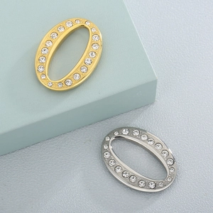 Polished oval stainless steel pendant connectors with zircons in gold and silver finish