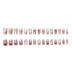 Pink gradient cat eye press-on nails with cartoon dragon and fireworks design