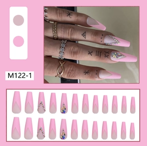 Detail of pink French coffin press-on nails set with rhinestones and 24-piece layout