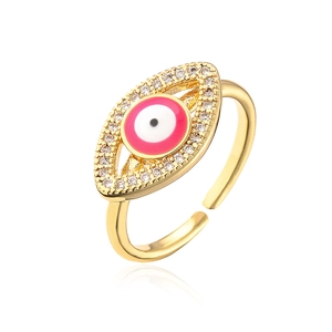 Adjustable evil eye ring in gold plating with white zircon stones and colorful enamel