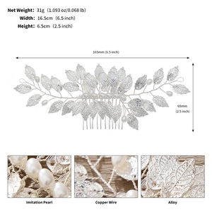 Detailed view of silver leaf hair comb with pearls and alloy texture dimensions