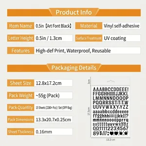 Detailed specifications table for 0.5-inch waterproof black vinyl alphabet stickers