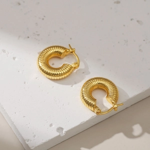 18K gold-plated brass hoop earrings with textured horizontal patterns for women