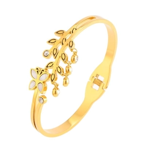 Gold butterfly and vine leaf titanium steel bangle with zircon accents on white background