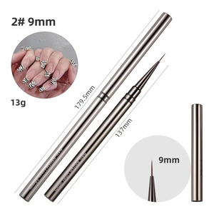 Macro shot of 9mm professional nail liner brush with detailed dimensions and silver metal body