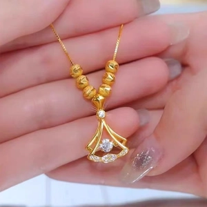 Elegant gold fan pendant necklace with sparkling zircon stone and six matte beads