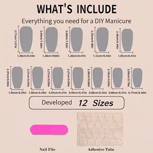 Size chart for grey cat-eye press-on nails including 12 sizes with glue stickers