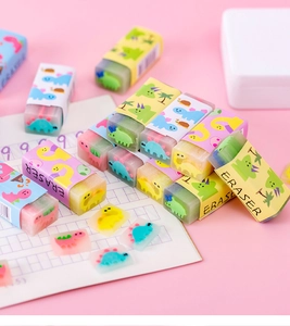 Macro view of cartoon dinosaur scented jelly erasers with translucent inner core patterns