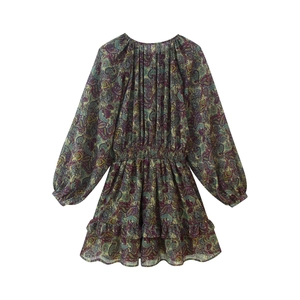 Bohemian paisley print mini dress with long lantern sleeves and tiered ruffle skirt