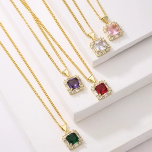 Vintage 18K gold plated necklaces with colorful square zircon pendants in five colors