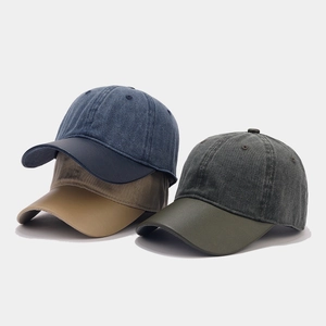 Vintage canvas baseball caps with contrast leather brims in three retro color options