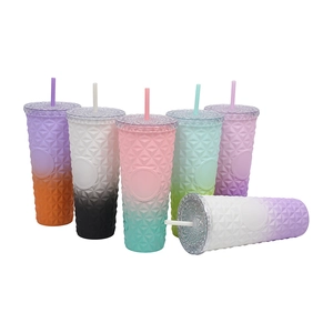 Set of six colorful gradient studded plastic tumblers with straws and dome lids