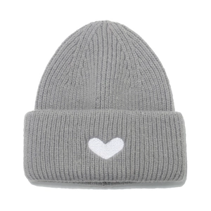 Grey knit beanie with white heart embroidery, warm ribbed wool hat for women
