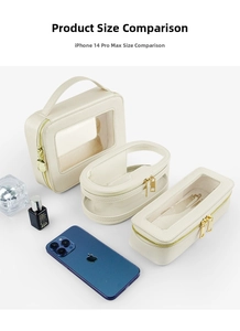 Detailed size comparison of cream PU leather cosmetic bags with iPhone 14 Pro Max
