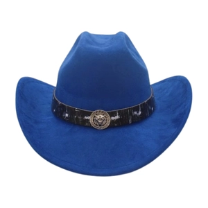 Detail of royal blue western cowboy hat with a gold lion head emblem on the black band